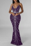 Purple Sexy Patchwork Hot Drilling Backless Spaghetti Strap Long Dress Dresses