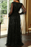 Black Elegant Formal Print Tassel Sequins High Opening V Neck Evening Dress Dresses
