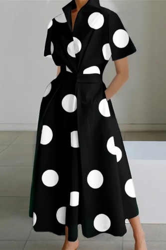 Black Casual Print Patchwork Turndown Collar Short Sleeve Dress Dresses