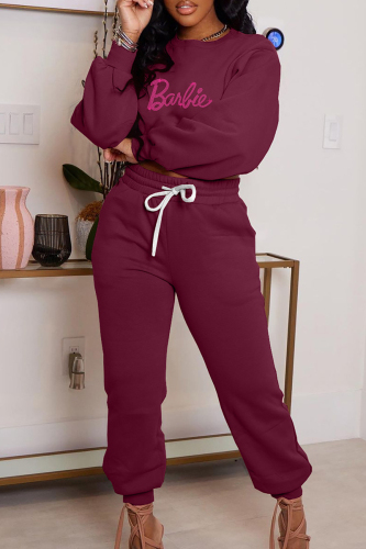 Burgundy Casual Letter Hot Drilling Patchwork O Neck Long Sleeve Two Pieces