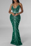 Green Sexy Patchwork Hot Drilling Backless Spaghetti Strap Long Dress Dresses