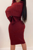 Red Elegant Solid Patchwork Turtleneck Long Sleeve Two Pieces
