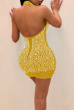Yellow Sexy Celebrities Solid Patchwork Hot Drill Halter Wrapped Skirt Dresses