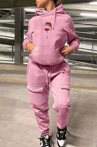 Pink Casual Solid Hot Drill Hooded Collar Long Sleeve Two Pieces