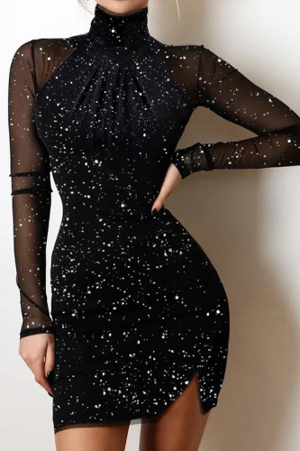 Black Gray Sexy Bronzing Patchwork Off the Shoulder Pencil Skirt Dresses