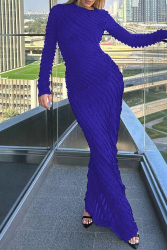 Blue Casual Solid Patchwork O Neck Long Dress Dresses