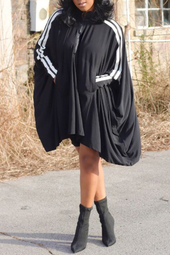 Black Casual Striped Patchwork Zipper Collar Long Sleeve Dresses