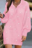 Pink Casual Solid Pearl Turndown Collar Long Sleeve Dresses