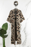 Leopard Print Casual Street Leopard Patchwork Slit Cardigan O Neck Outerwear（With A Turban）