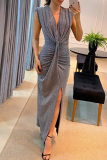 Grey Sexy Solid Slit Fold V Neck One Step Skirt Dresses