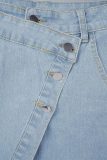 Light Blue Street Solid Patchwork Pocket Buttons Mid Waist Regular Denim Shorts