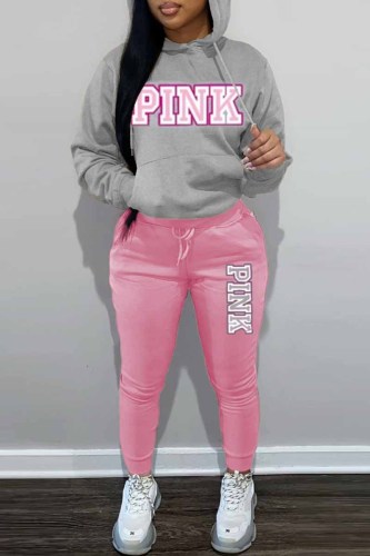 Pink Gray Casual Print Letter Hooded Collar Long Sleeve Two Pieces