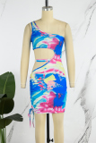 Multi-color Sexy Street Print Hollowed Out Patchwork One Shoulder Printed Dress Dresses