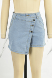 Light Blue Street Solid Patchwork Pocket Buttons Mid Waist Regular Denim Shorts