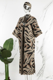 Leopard Print Casual Street Leopard Patchwork Slit Cardigan O Neck Outerwear（With A Turban）