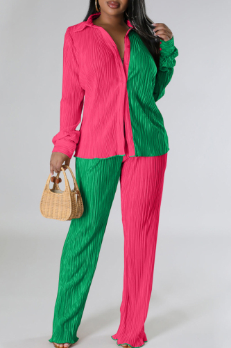 Green Casual Color Block Patchwork Buckle Turndown Collar Long Sleeve Two Pieces