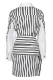 Black And White Casual Striped Print Hollowed Out Patchwork POLO collar Shirt Dress Dresses