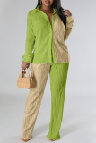Green Casual Color Block Patchwork Buckle Turndown Collar Long Sleeve Two Pieces