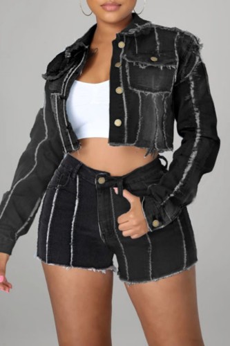 Black Casual Solid Cardigan Turndown Collar Long Sleeve Regular Denim Jacket