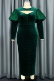 Green Casual Solid Hollowed Out Slit O Neck One Step Skirt Dresses