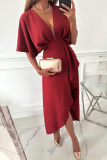 Red Elegant Solid Asymmetrical V Neck Irregular Dress Dresses