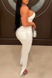 White Sexy Casual Solid Patchwork See-through Backless Slit Strapless Sleeveless Two Pieces