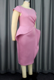 Pink Casual Solid Patchwork Slit O Neck Short Sleeve Dress Dresses