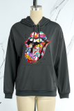 Dark Gray Casual Vintage Lips Printed Draw String Hooded Collar Tops