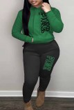 Khaki Casual Print Letter Hooded Collar Long Sleeve Two Pieces