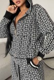 Black Casual Street Geometric Patchwork Hooded Collar Long Sleeve Two Pieces