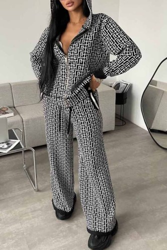 Black Casual Street Geometric Patchwork Hooded Collar Long Sleeve Two Pieces