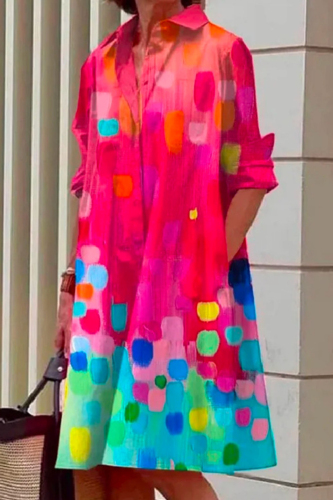 Red Casual Print Patchwork Buckle Shirt Collar Straight Dresses