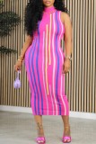 Pink Casual Striped Print Patchwork Zipper Collar Sleeveless Dress Dresses