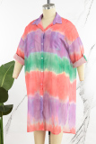 Pink Yellow Casual Plus Size Gradual Change Print Patchwork Turndown Collar Shirt Dress (Subject To The Actual Object )