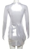 Silver Sexy Patchwork Hollowed Out See-through Half A Turtleneck Long Sleeve Dresses