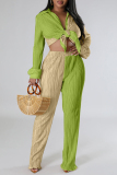 Grass Green Casual Color Block Patchwork Buckle Turndown Collar Long Sleeve Two Pieces