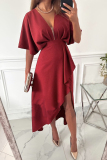Red Elegant Solid Asymmetrical V Neck Irregular Dress Dresses