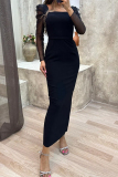 Black Elegant Solid Patchwork Square Collar Wrapped Skirt Dresses