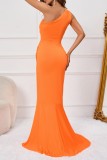Orange Sexy Solid Backless Slit Oblique Collar Evening Dress Dresses