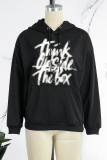 Black Casual Print Draw String Hooded Collar Tops