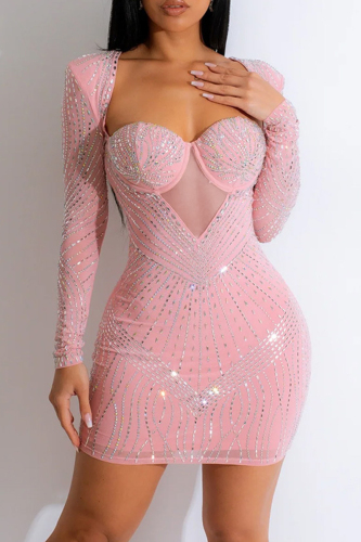 Pink Sexy Patchwork Hot Drilling Backless Square Collar Long Sleeve Dresses Pink Sexy Patchwork Hot Drilling Backless Square Collar Long Sleeve Dresses