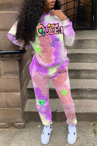 Purple Casual Letter Print Tie-dye Hooded Collar Long Sleeve Two Pieces