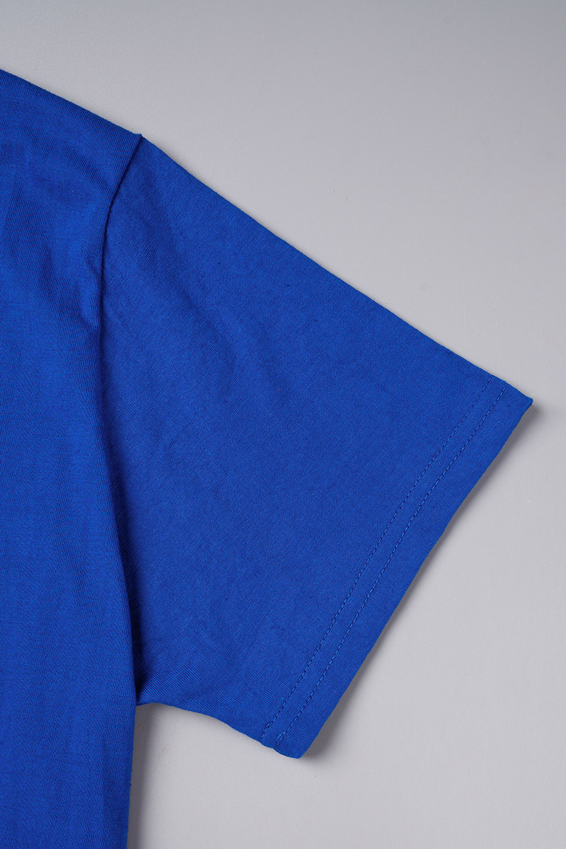 Royal Blue Patchwork Cotton Oversized A Line Shirt With Tie Neck For Spring Collection