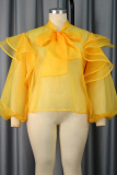 Yellow Casual Solid Patchwork See-through With Bow Tops