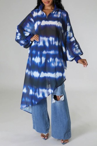 Blue Casual Print Tie Dye Asymmetrical Zipper Collar Tops