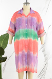 Fuchsia Casual Plus Size Gradual Change Print Patchwork Turndown Collar Shirt Dress (Subject To The Actual Object )