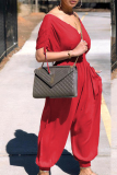 Red Casual Solid Patchwork Draw String V Neck Loose Jumpsuits
