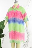 Fuchsia Casual Plus Size Gradual Change Print Patchwork Turndown Collar Shirt Dress (Subject To The Actual Object )