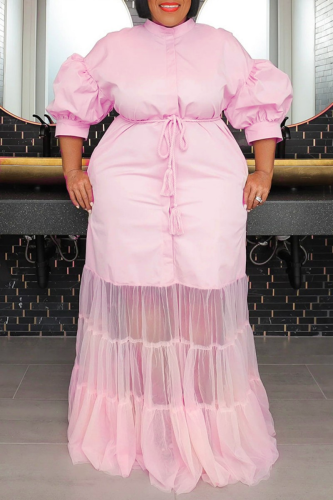 Pink Casual Solid Patchwork Shirt Collar Long Dress Plus Size Dresses