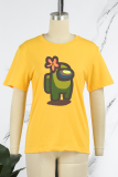 Yellow Cute Print Patchwork Letter O Neck space werewolfCasual  T-Shirts